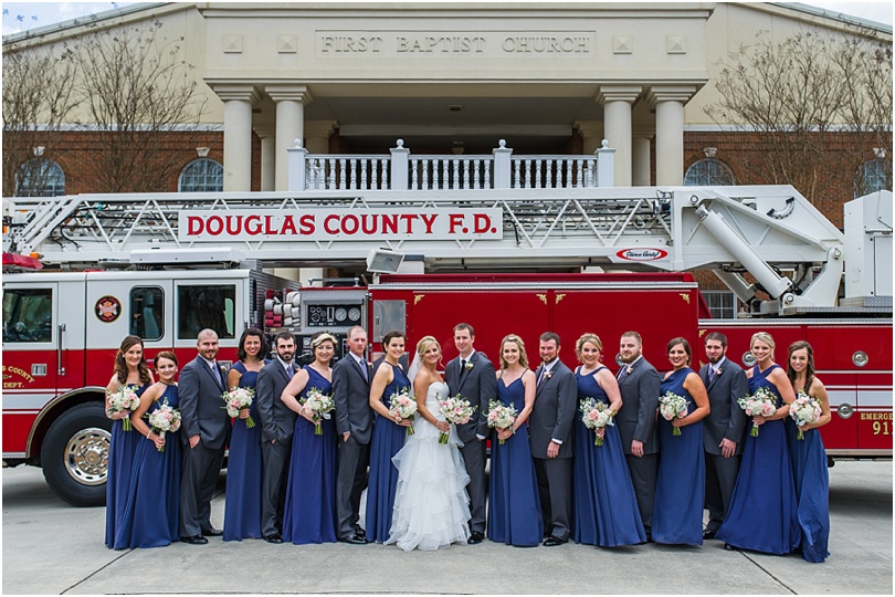 wedding party with fire truck