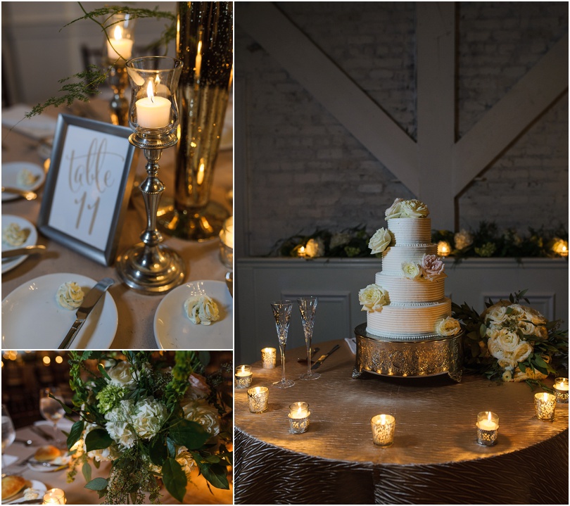 dimmed light wedding reception at the estate with ivory and silver centerpieces