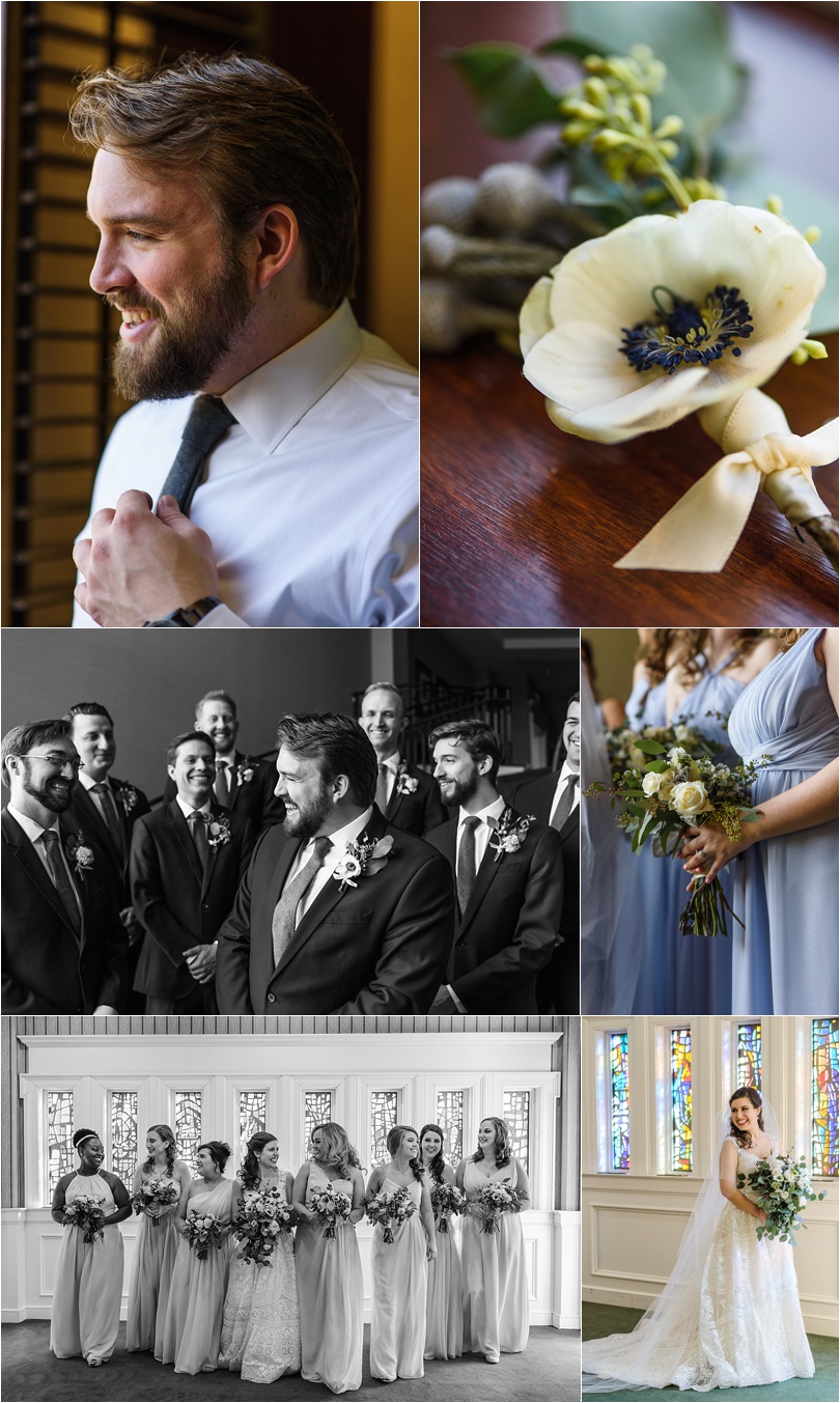 bridesmaids and groomsmen pictures before church ceremony